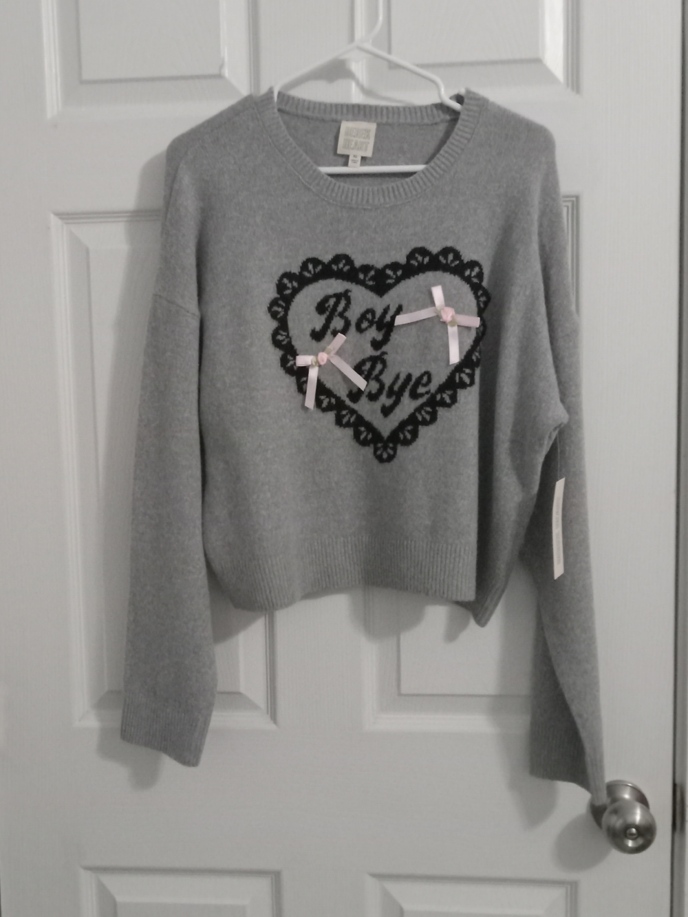 Derek Heart Gray Crewneck Sweater with Black Heart and Pink Bows